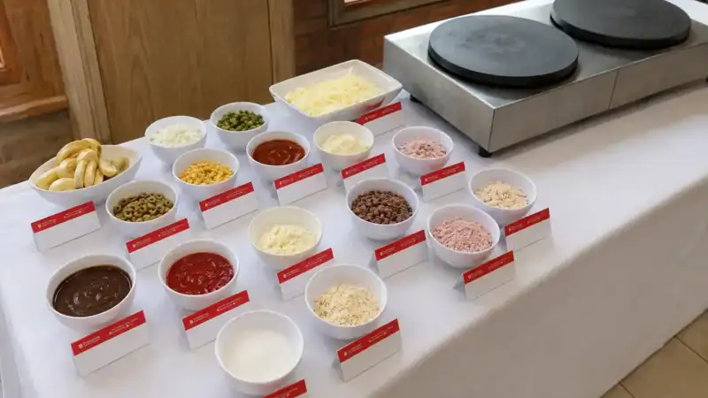 Estação de crepes com ingredientes organizados e duas chapas