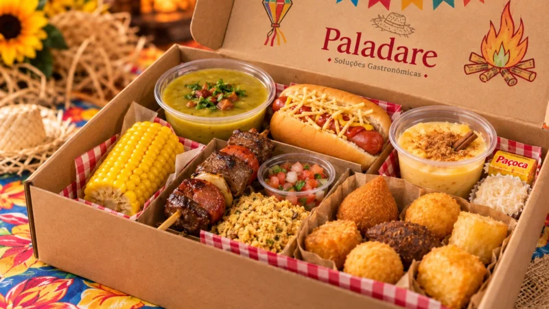 Kit Entrega de festa junina do Buffet Paladare aberto, com espetinho, caldo, mini cachorro-quente, milho, salgadinhos, doce e paçoca