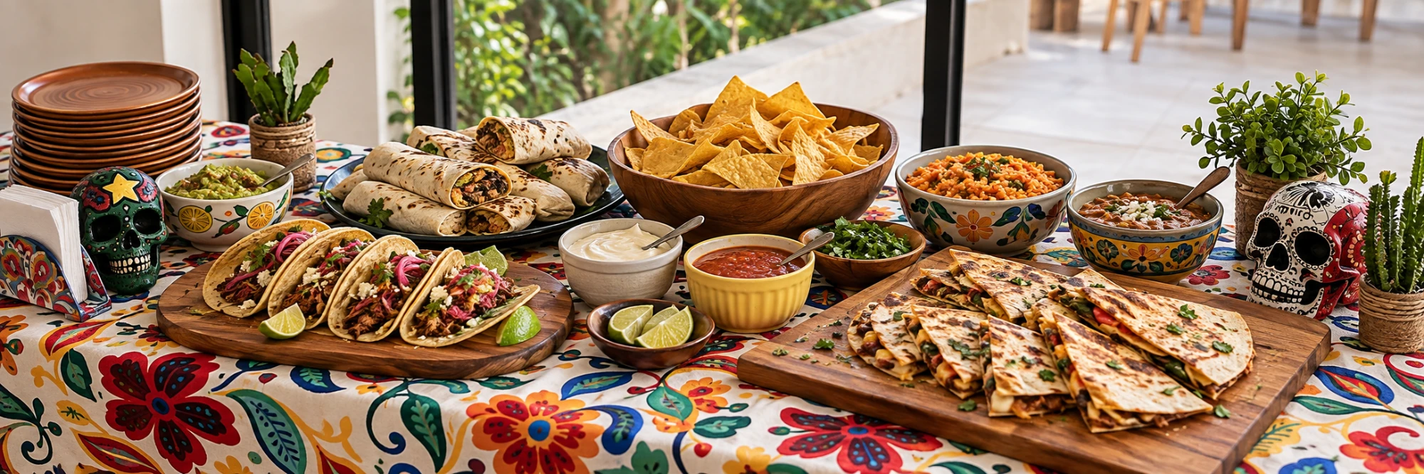 Mesa de buffet mexicano com tacos, burritos, quesadillas, nachos, guacamole e molhos