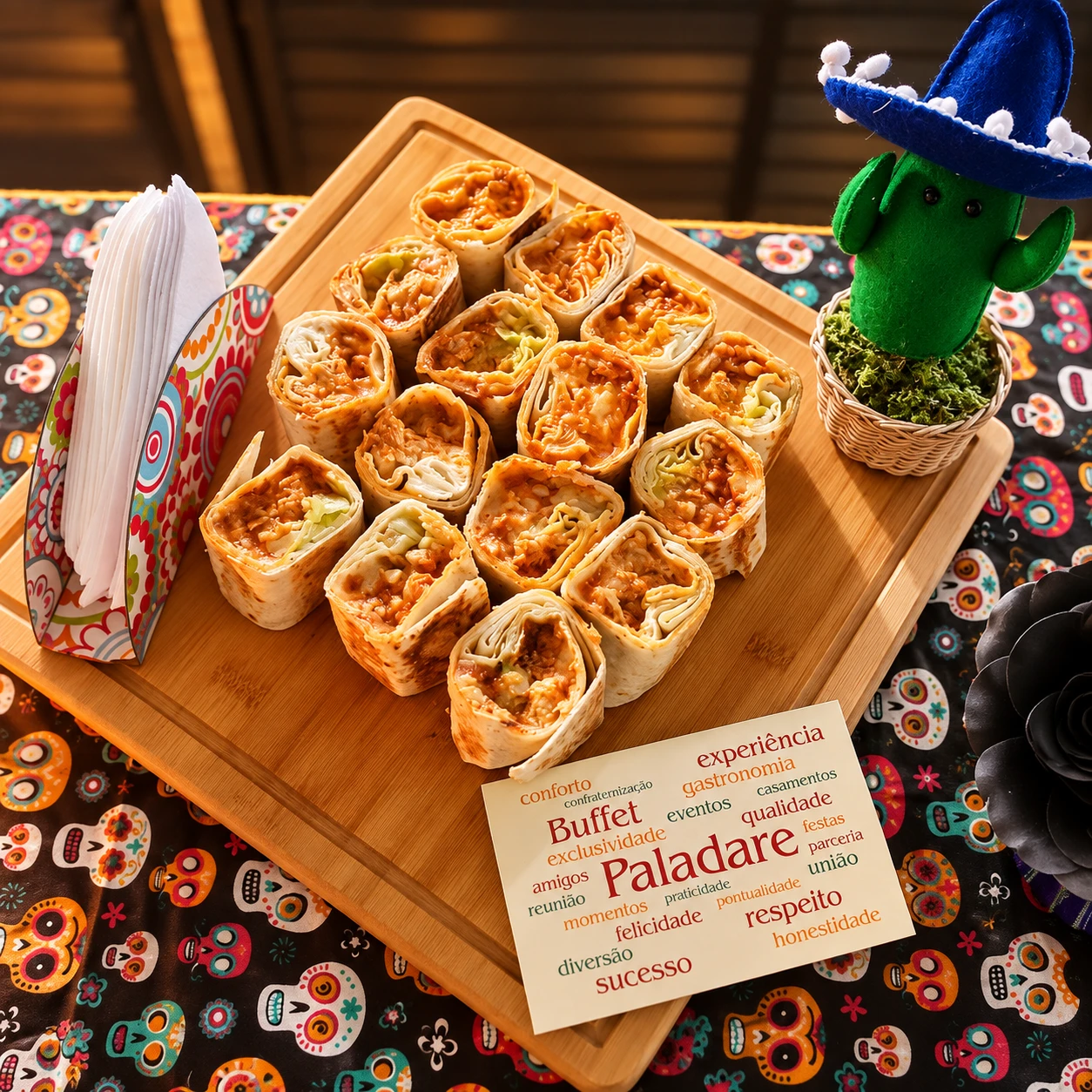 Mini burritos servidos na tábua pelo Buffet Paladare